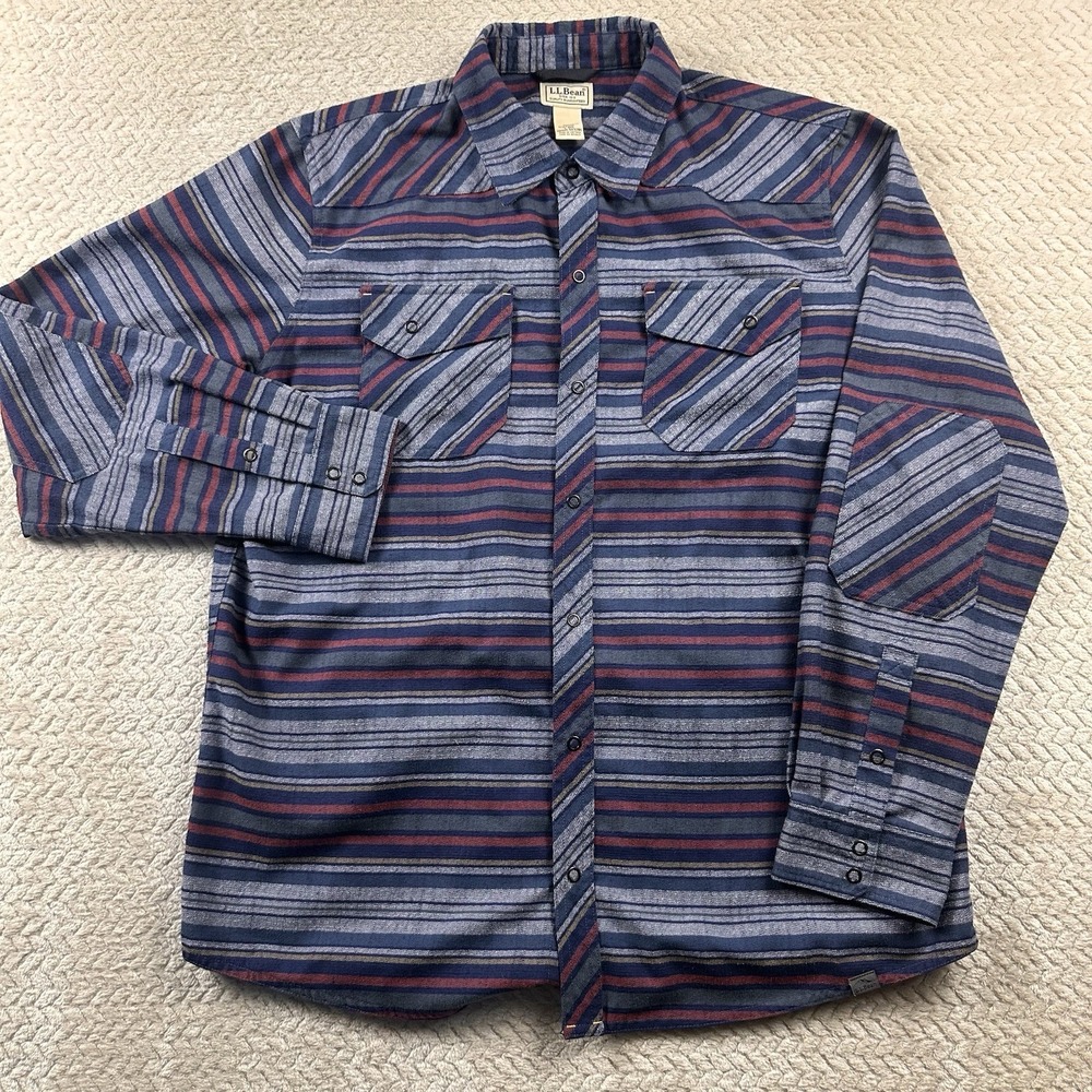 LL Bean Wool Flannel Snap Shirt Mens Large Cabin Western Outdoor Elbow Pad‎